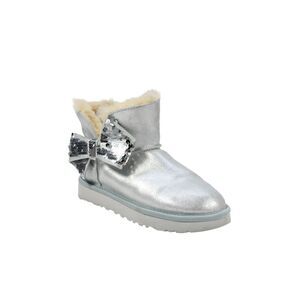 Ugg Womens Shearling Lined Sequin Bow Metallic Boots Blue Leather Size 5